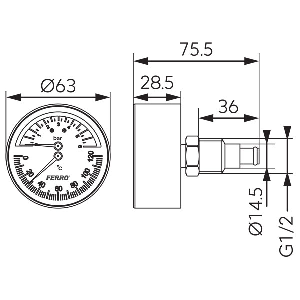Термоманометър 63 mm 1/2" аксиален 0-6 bar. 0-120°C - Image 2
